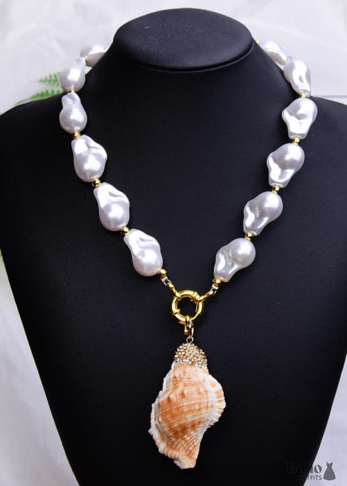 Boho Necklace, White Peal Sea Shell